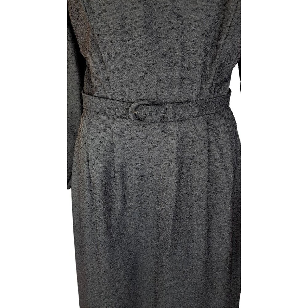 Vintage Black Dress Textured Long Sleeve Belt Handmade Goth Size Large Mourning - Picture 11 of 15